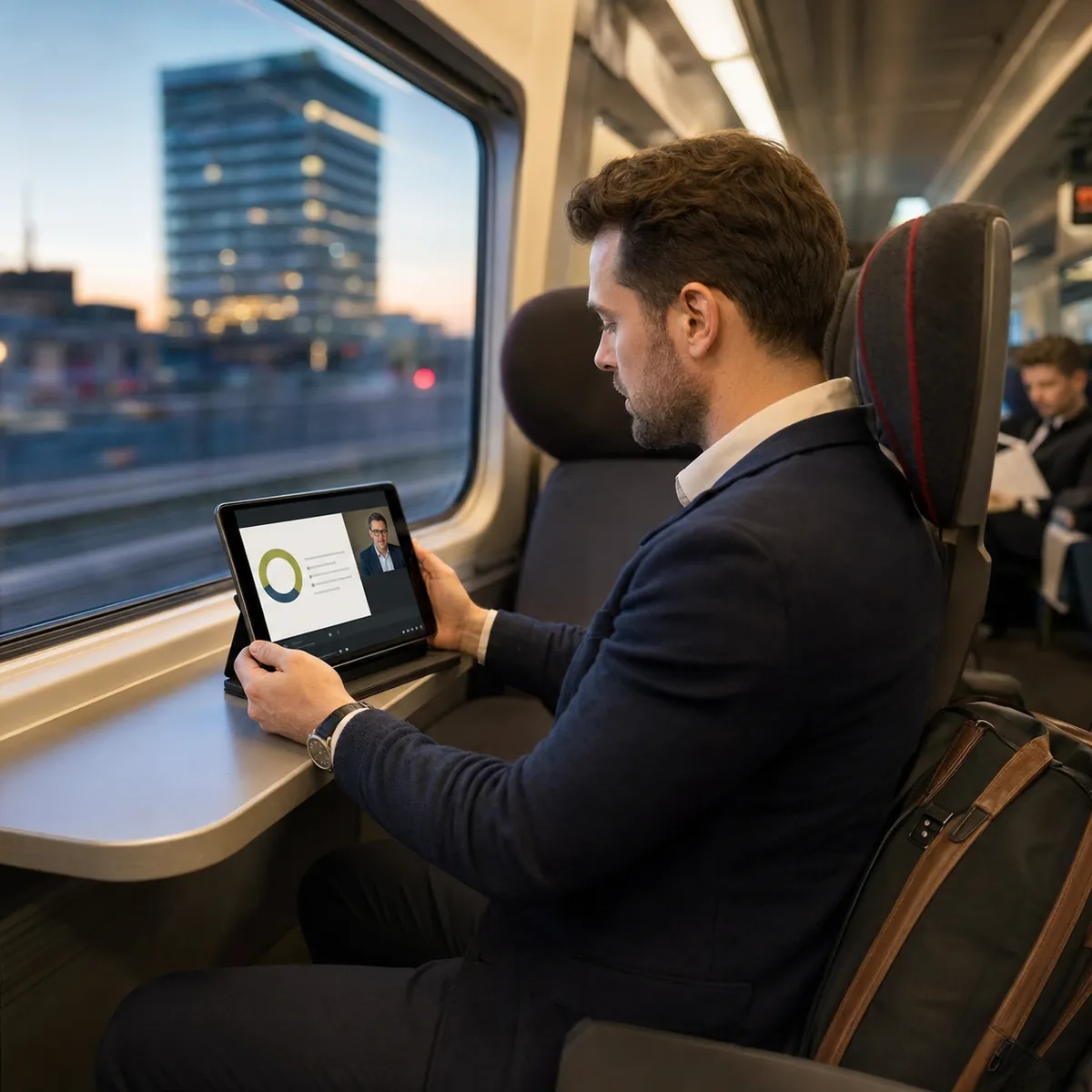 Professional reviewing a GRC training module on a tablet while commuting