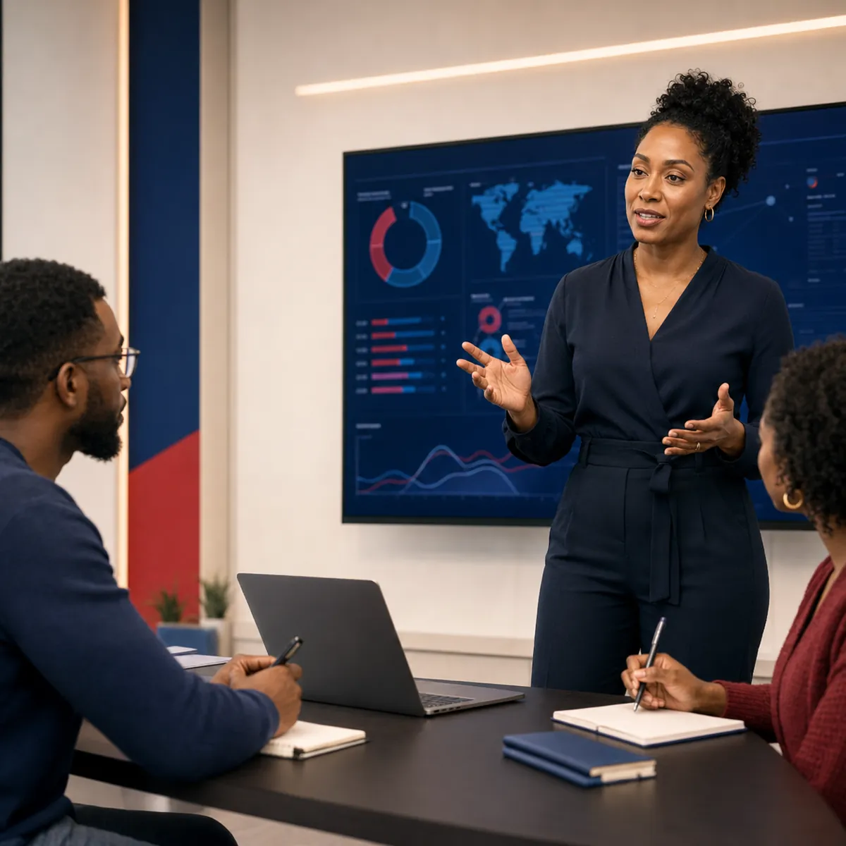 Cybersecurity professional presenting threat analytics to colleagues in a modern operations center